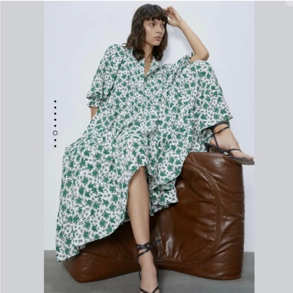 Zara Tiered Green and White Floral Dress